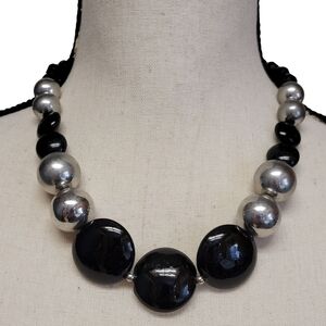 Black & Silver Tone Beaded Necklace 22" Chunky Graduated Statement Retro 80s 60s